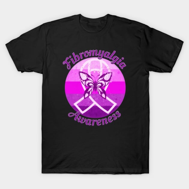 Fibromyalgia Awareness Retro Sunset Mystic Ribbon and Butterfly T-Shirt by mythikcreationz